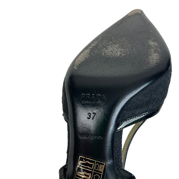 Prada Vintage Y2K Black Tweed Patent Leather Pointed Toe Slingback Kitten Heels - Picture 6 of 7